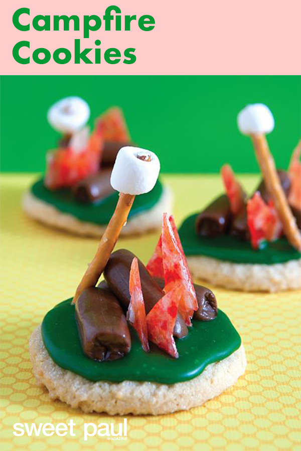 The faux-flames are made by melting crushed Life Savers in your oven for just a few minutes and then letting the melted candy cool and harden. The logs are Tootsie Rolls. And you can use store-bought sugar cookies as the base or make your own favorite recipe!