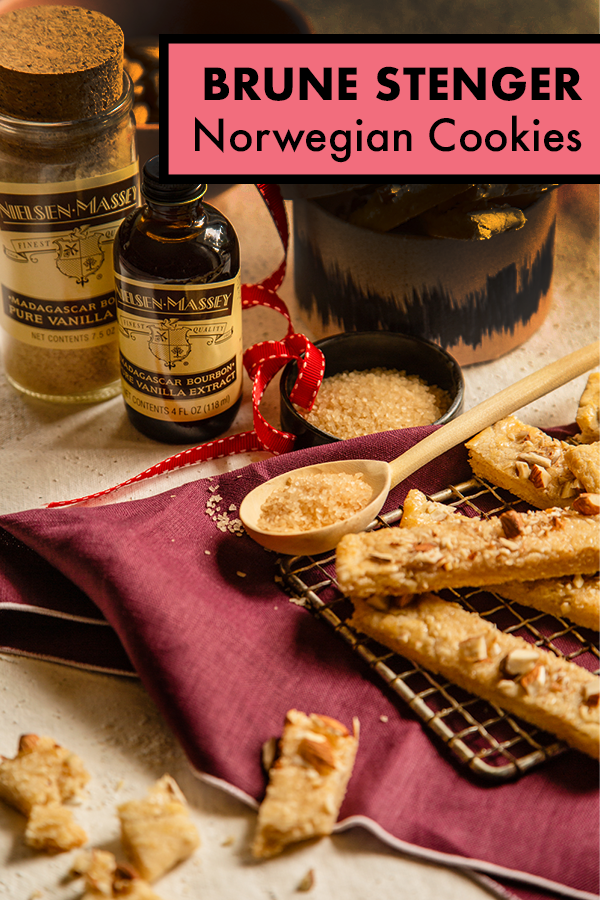 Brune Stenger translates into “brown sticks” in English. They’re a dark shortbread with lots of spice and vanilla flavors topped with crunchy chopped almonds and the secret ingredient... vanilla sugar.