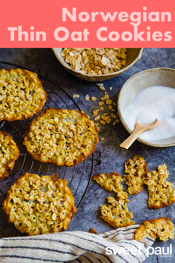 These oat cookies were always a favorite of mine. Mormor said the recipe was Miss Olsen’s, and they should be so thin you can look through them. It sounds difficult to make, but, honestly, it’s the easiest cookie ever: just some mixing and spooning the batter onto a baking sheet and watching closely.