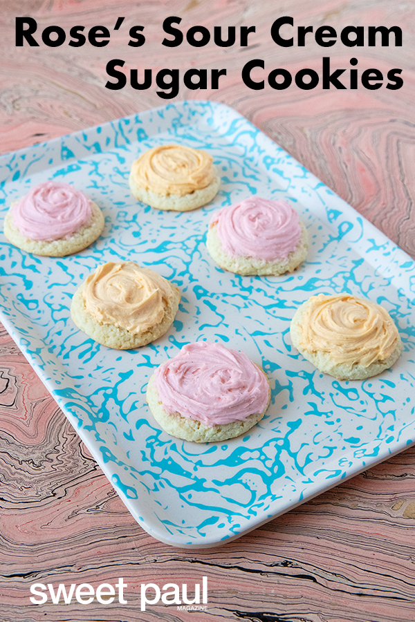 These sour cream sugar cookies come out perfect every time. They’re soft and moist from the sour cream, and they carry whatever flavoring you choose to use perfectly. This recipe makes a BIG batch and is perfect for bake sales!