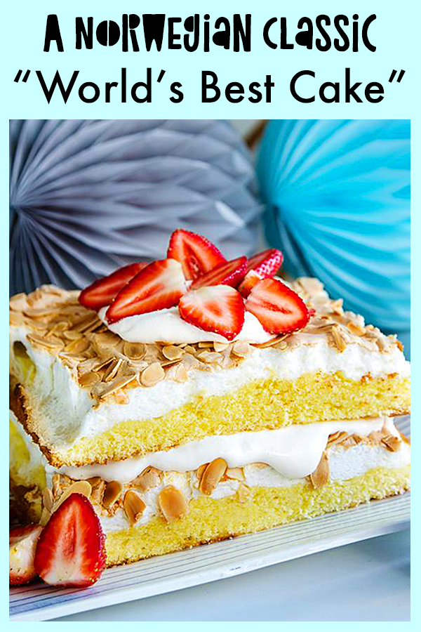 This classic Norwegian cake consists of layers of sponge cake, sweet meringue, and luscious cream! I didn't name this cake 
