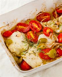 Baked "Bacalao" with Olives & Tomatoes