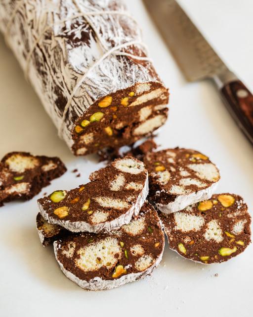 Pistachio Studded Chocolate Salami